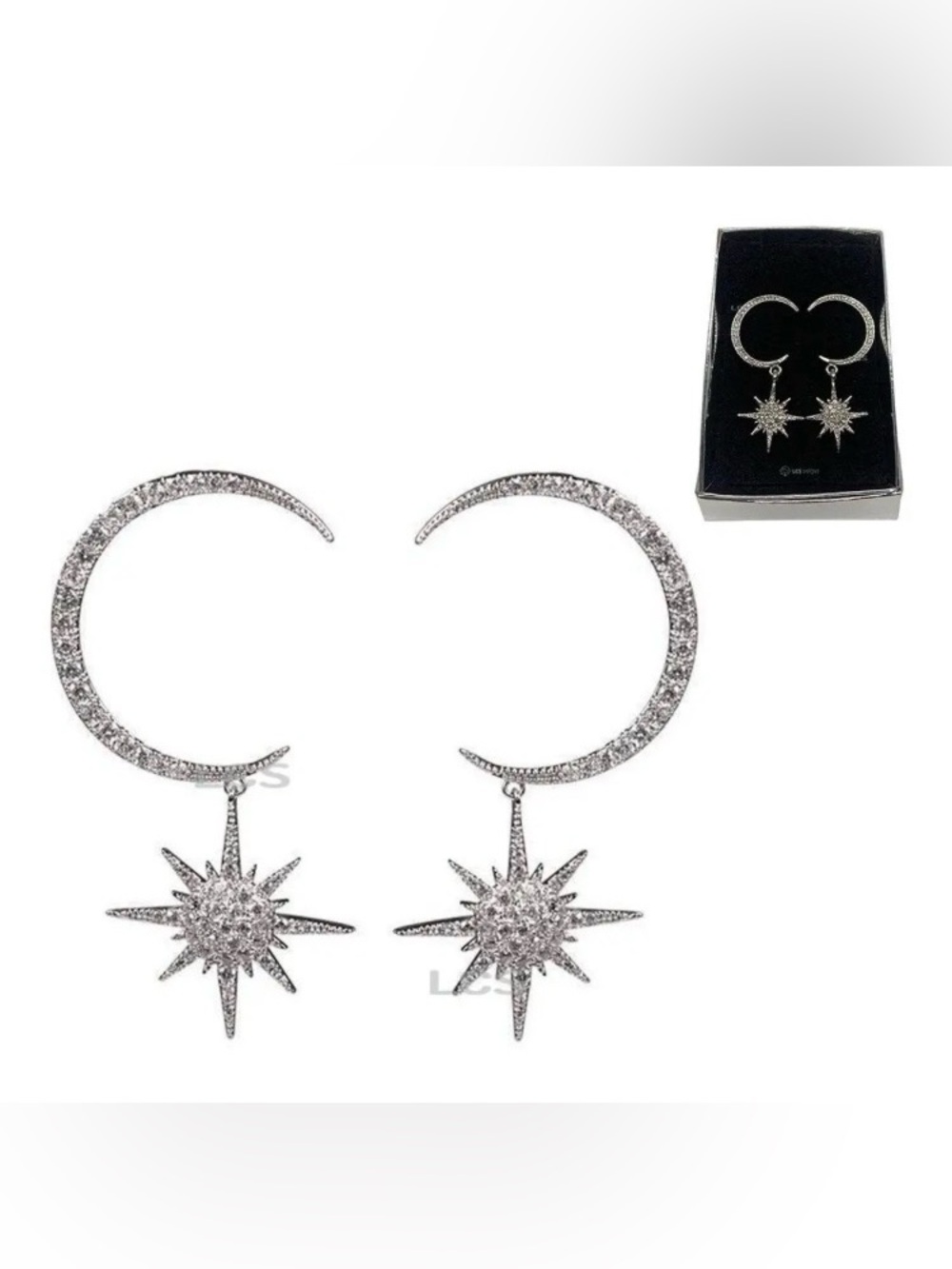 Silver Tone Moon and Starburst Drop Earrings - Women Jewelry
